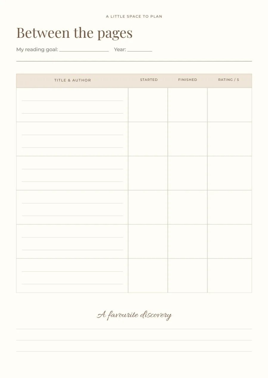 Between the pages – reading log: printable design preview