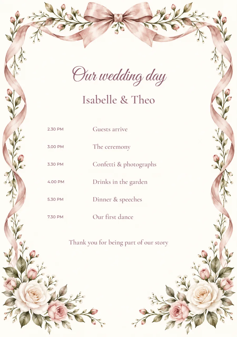 Rose ribbon – ceremony programme: printable design preview
