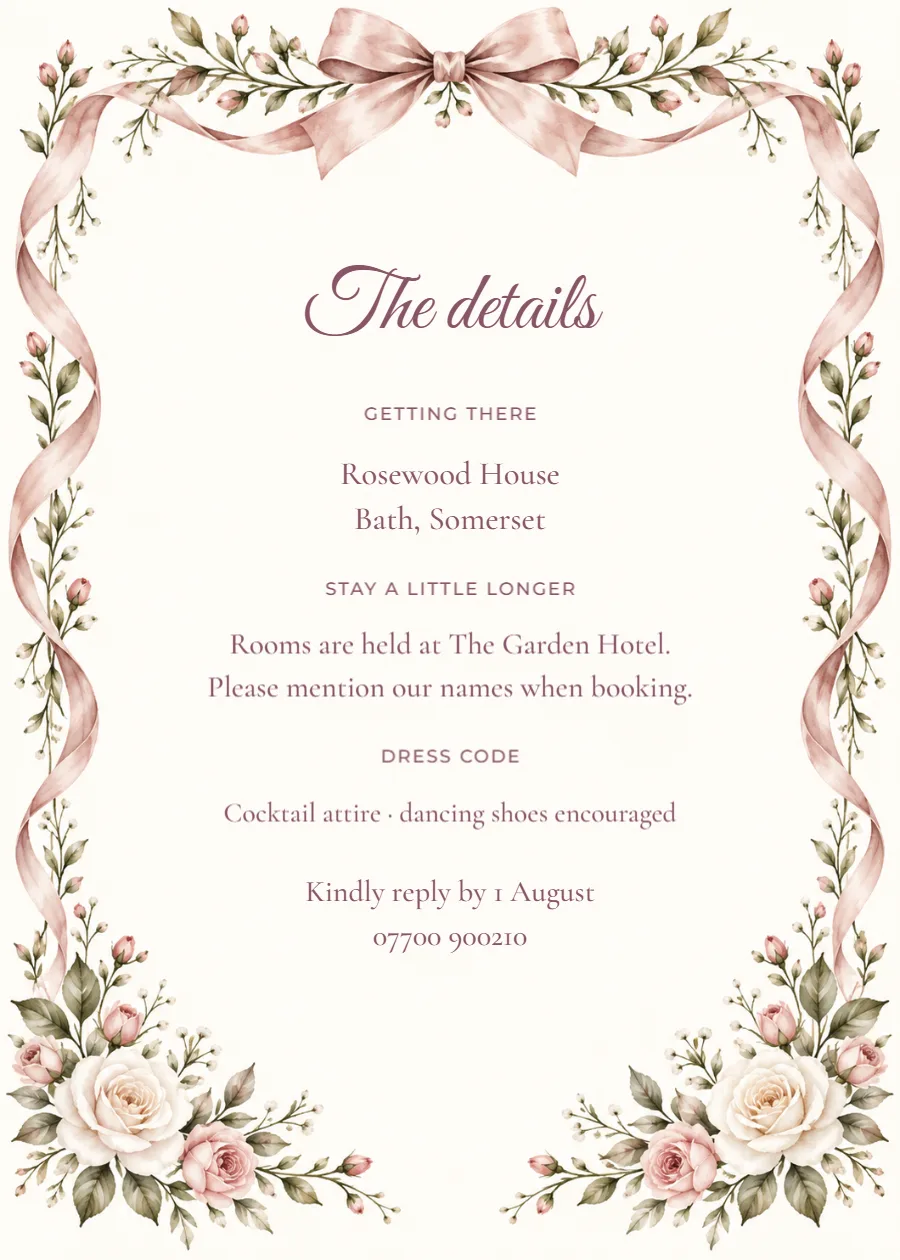 Rose ribbon – wedding details card: printable design preview