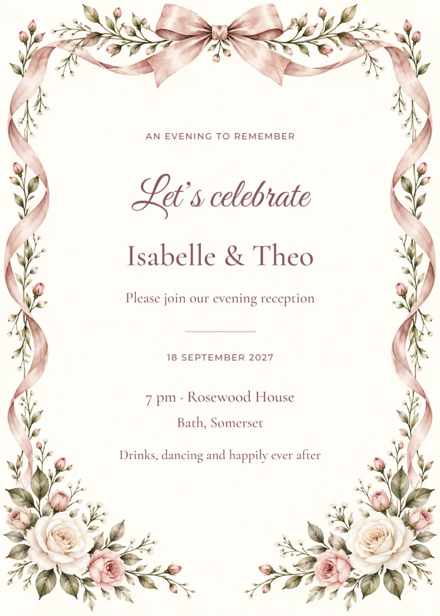 Rose ribbon – evening invitation: printable design preview