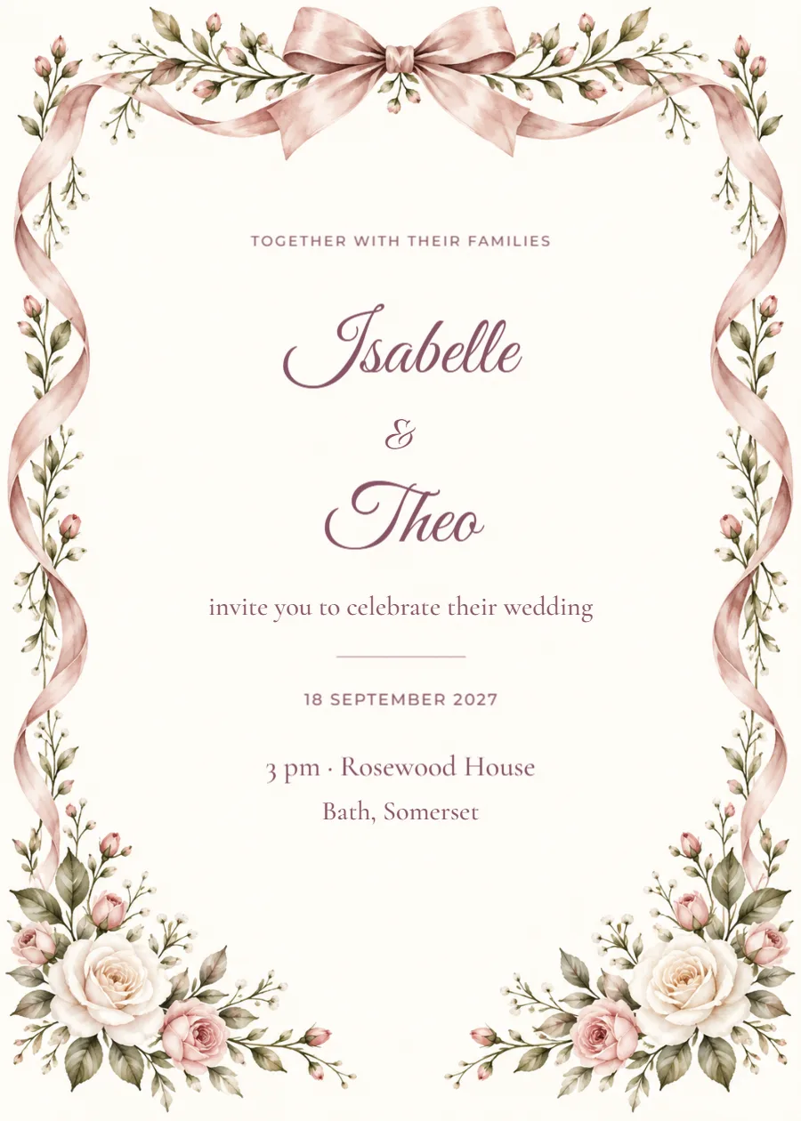 Rose ribbon – wedding invitation: printable design preview