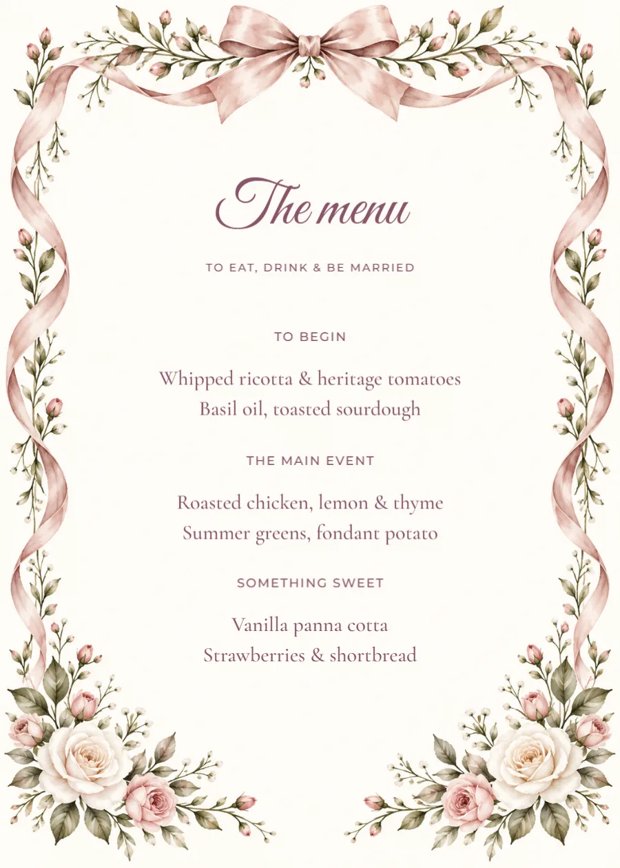 Rose ribbon – wedding menu: printable design preview
