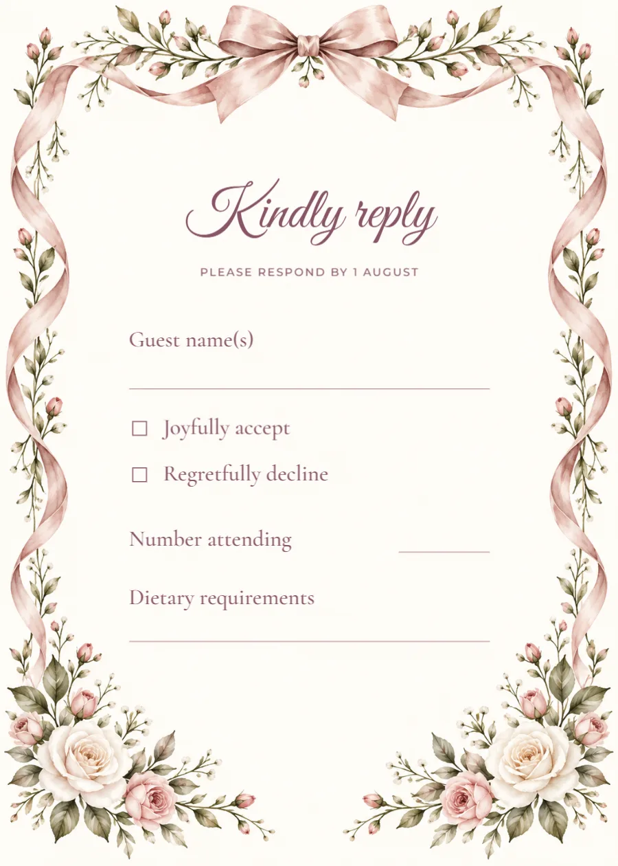 Rose ribbon – RSVP reply card: printable design preview