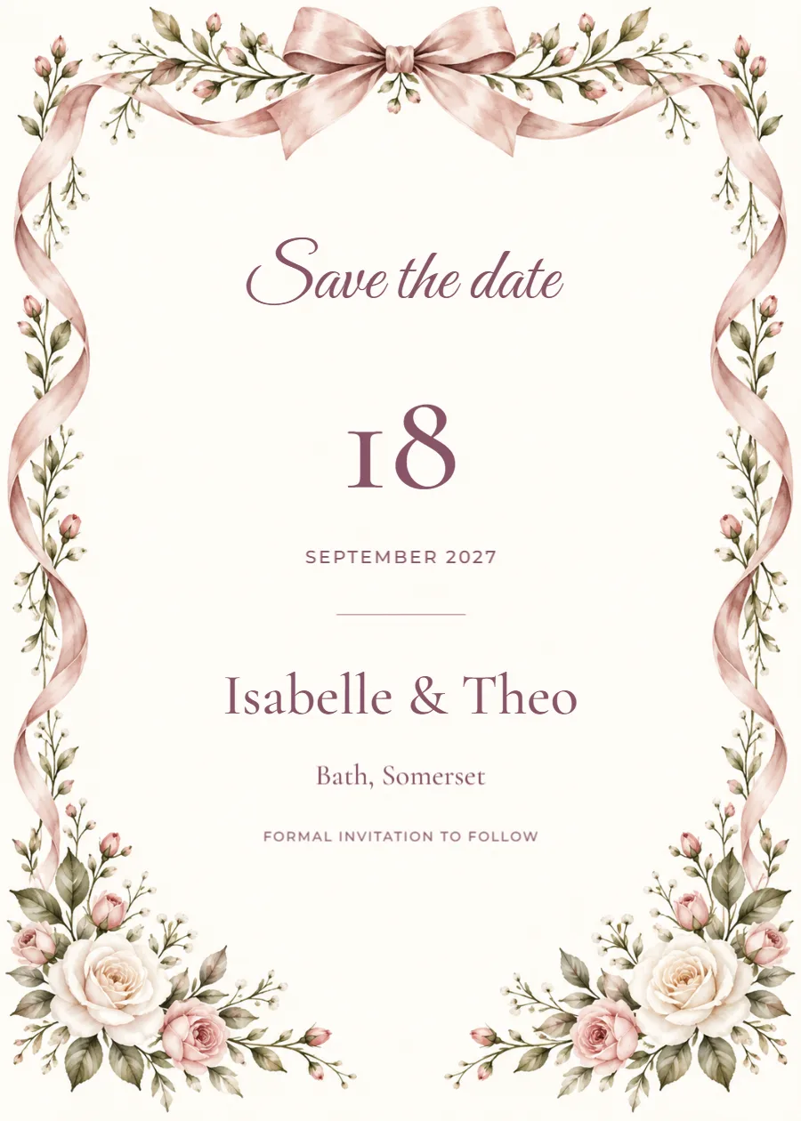 Rose ribbon – save the date: printable design preview