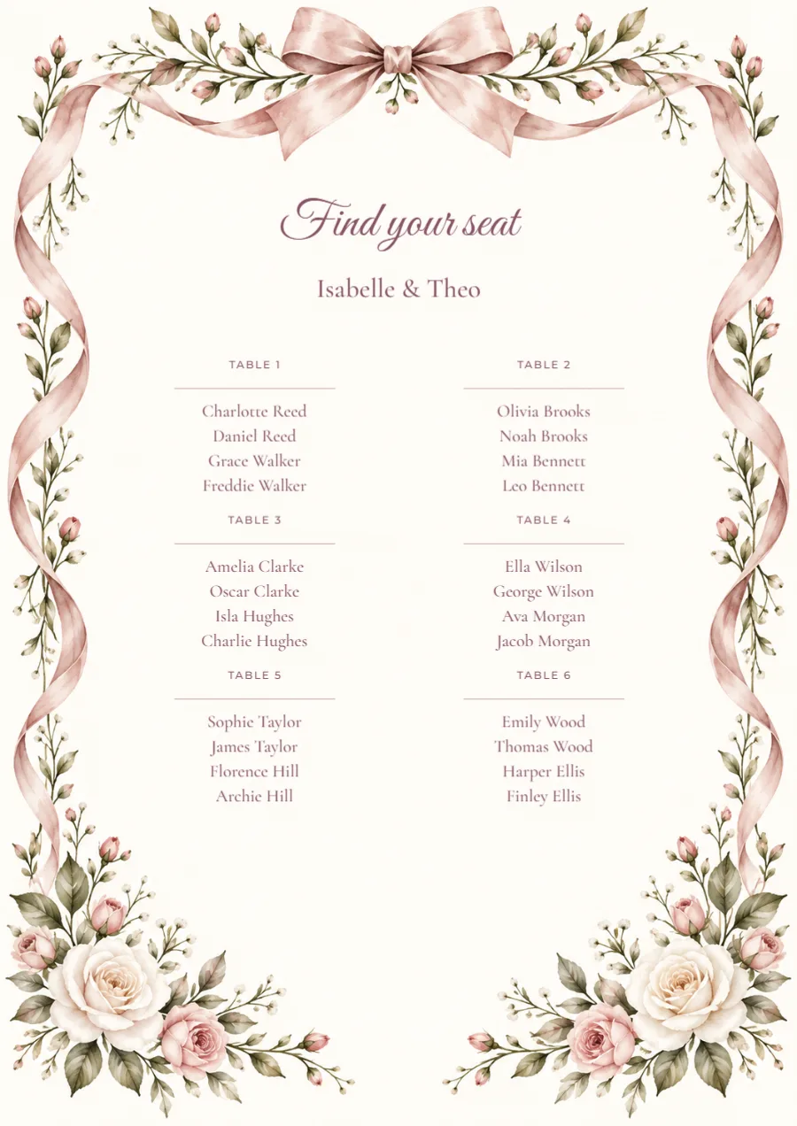 Rose ribbon – seating plan: printable design preview