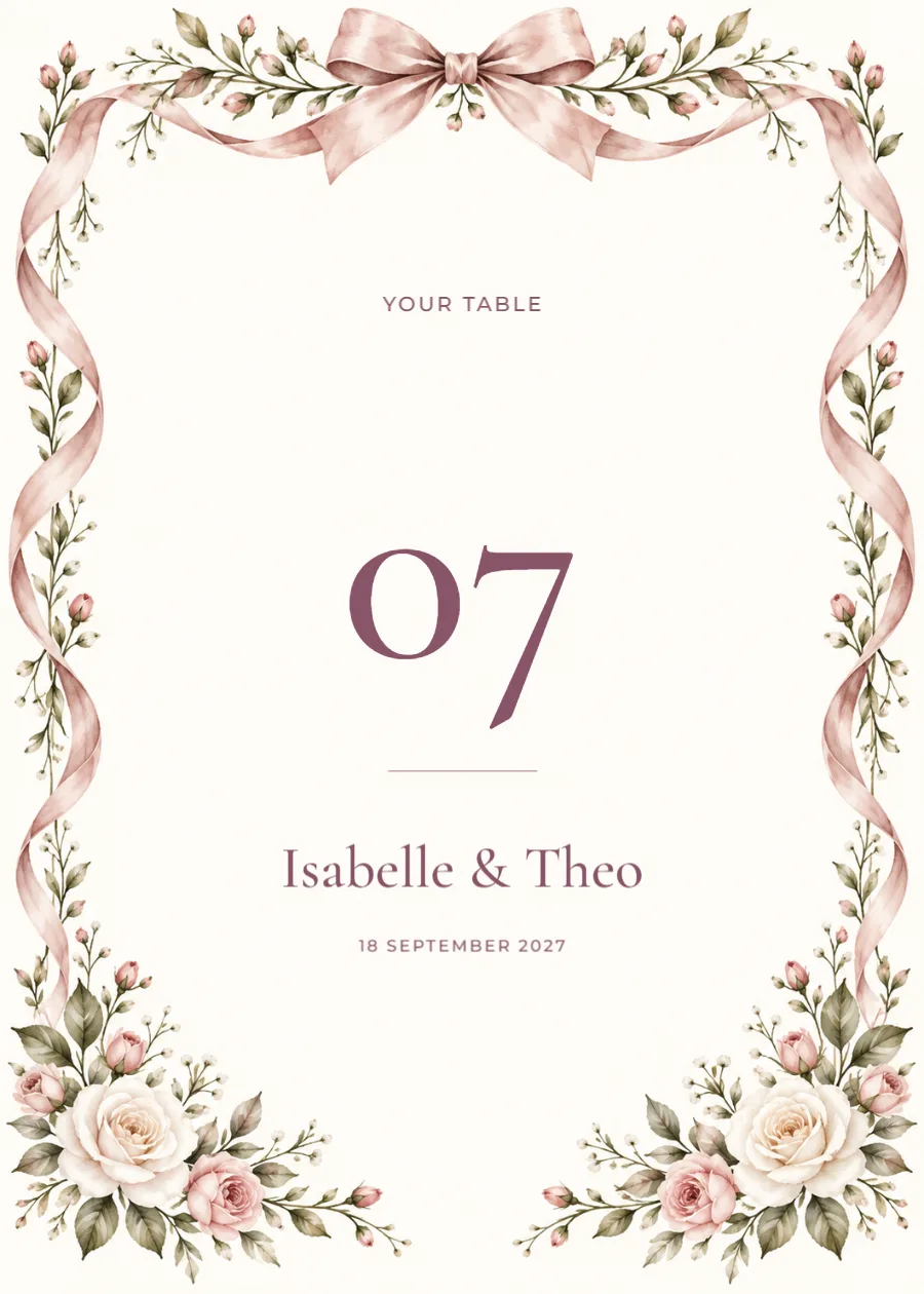 Rose ribbon – table number: printable design preview
