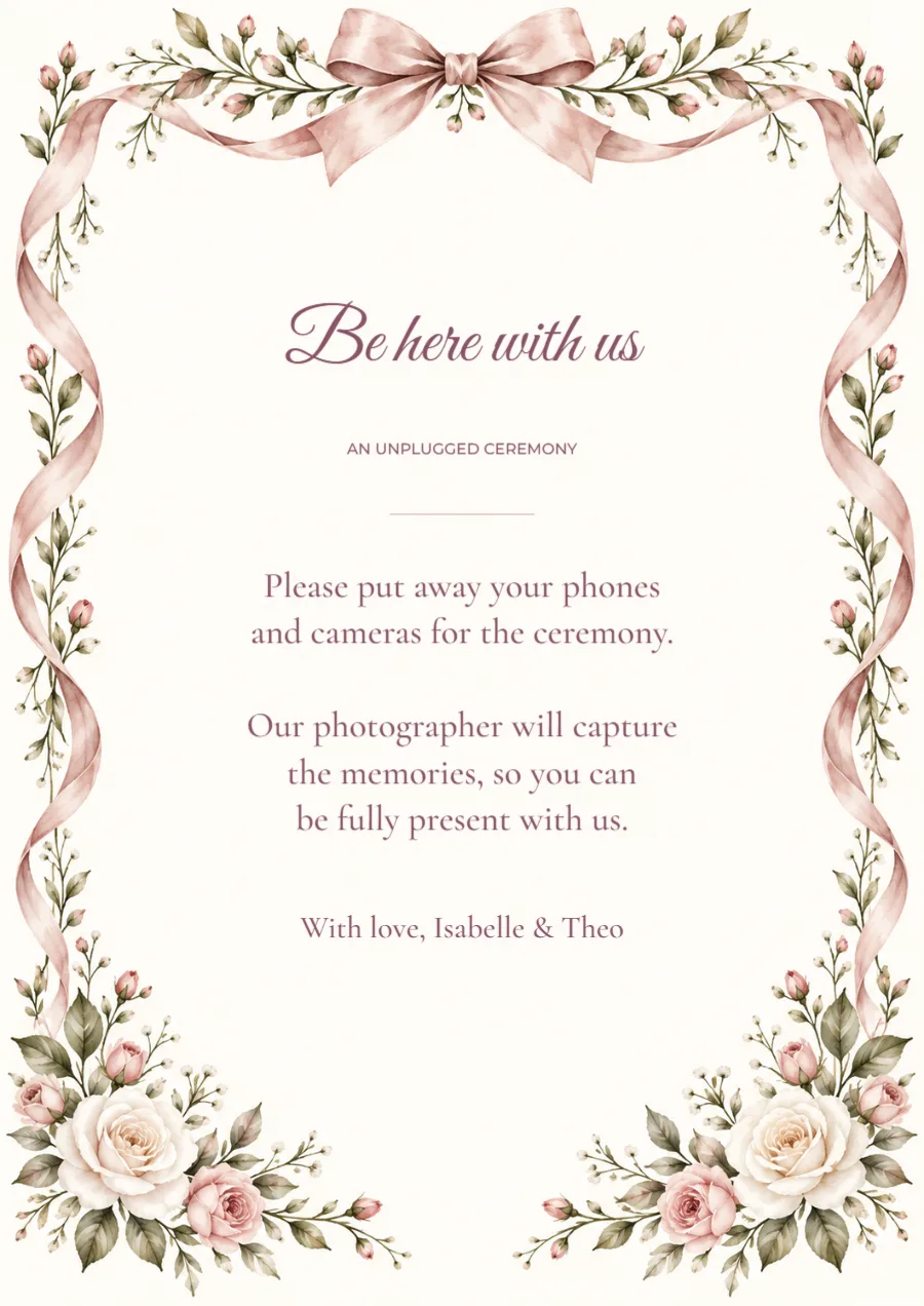 Rose ribbon – unplugged ceremony sign: printable design preview