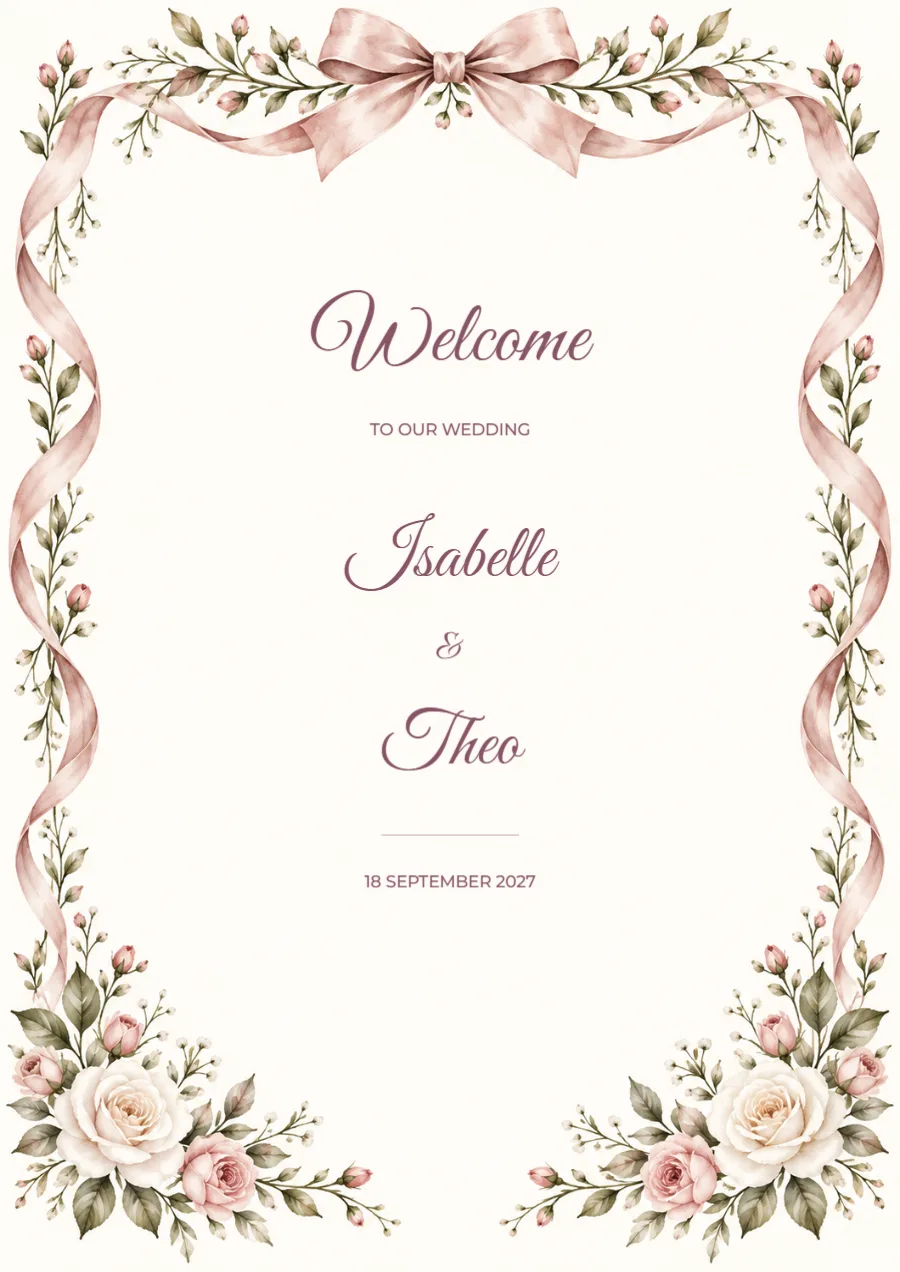 Rose ribbon – wedding welcome sign: printable design preview