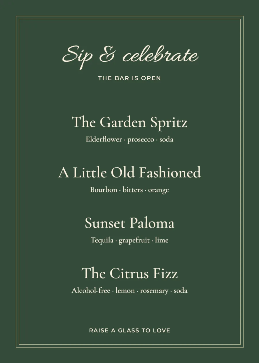 Sip & celebrate – cocktail menu: printable design preview