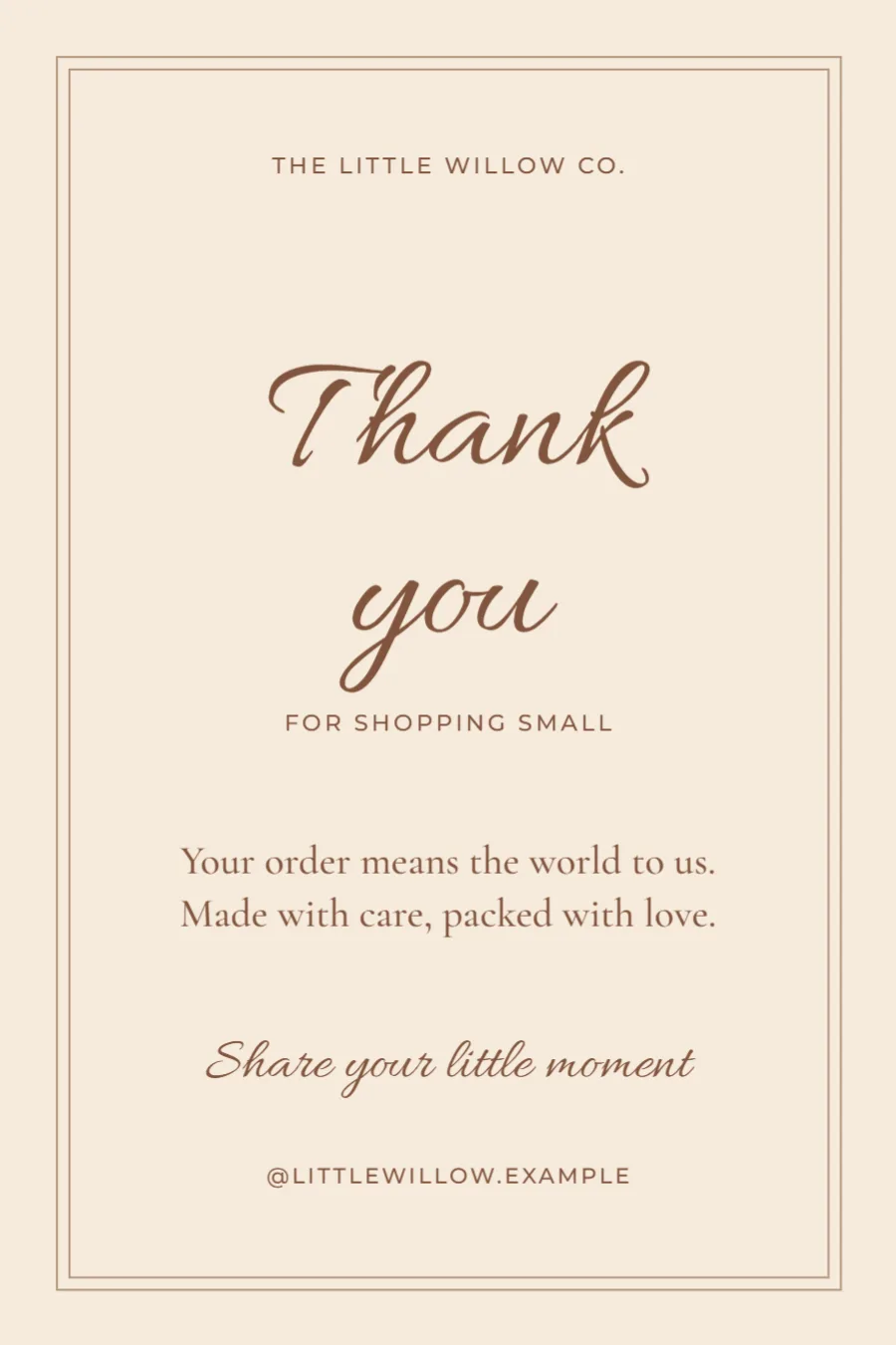 Made with care – shop thank-you card: printable design preview