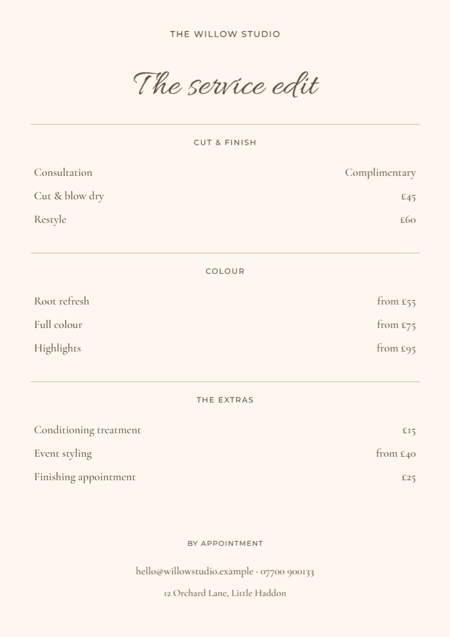 The studio edit – service price list: printable design preview