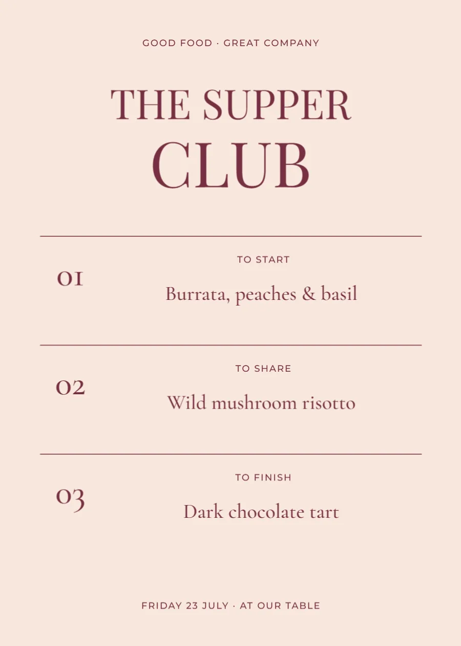 The supper club – dinner menu: printable design preview