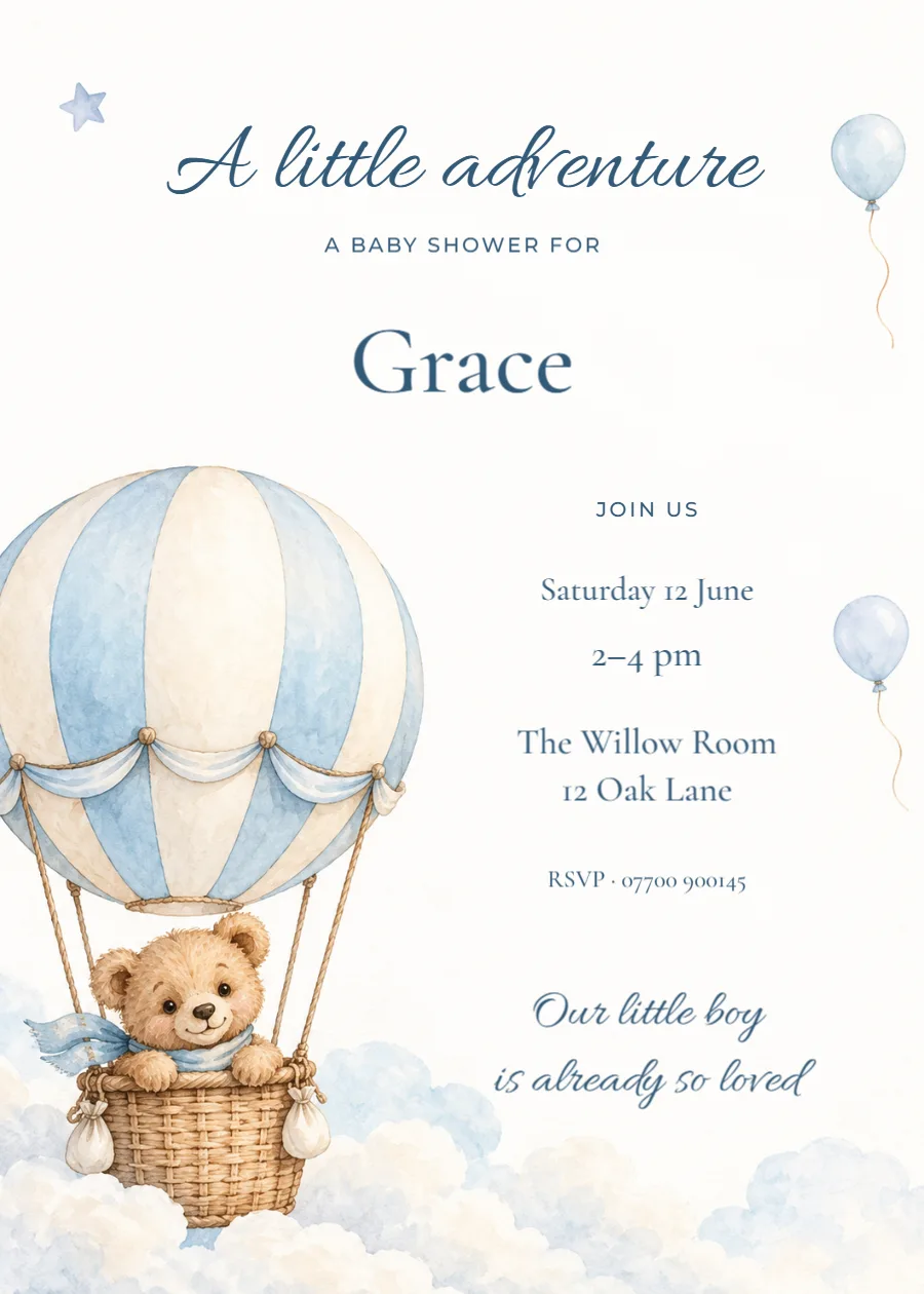 A little bear takes flight – baby shower: printable design preview