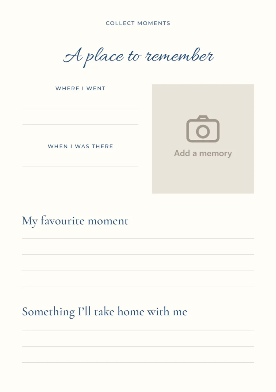 A place to remember – travel journal page: printable design preview