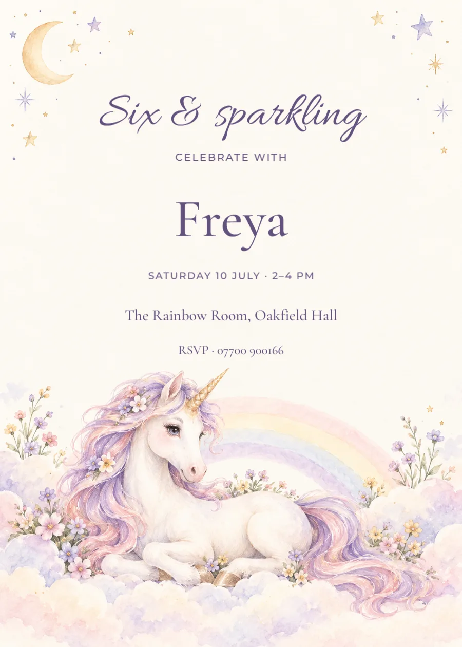 Six & sparkling – unicorn birthday: printable design preview