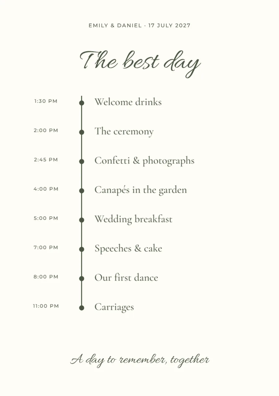 The best day – wedding timeline: printable design preview