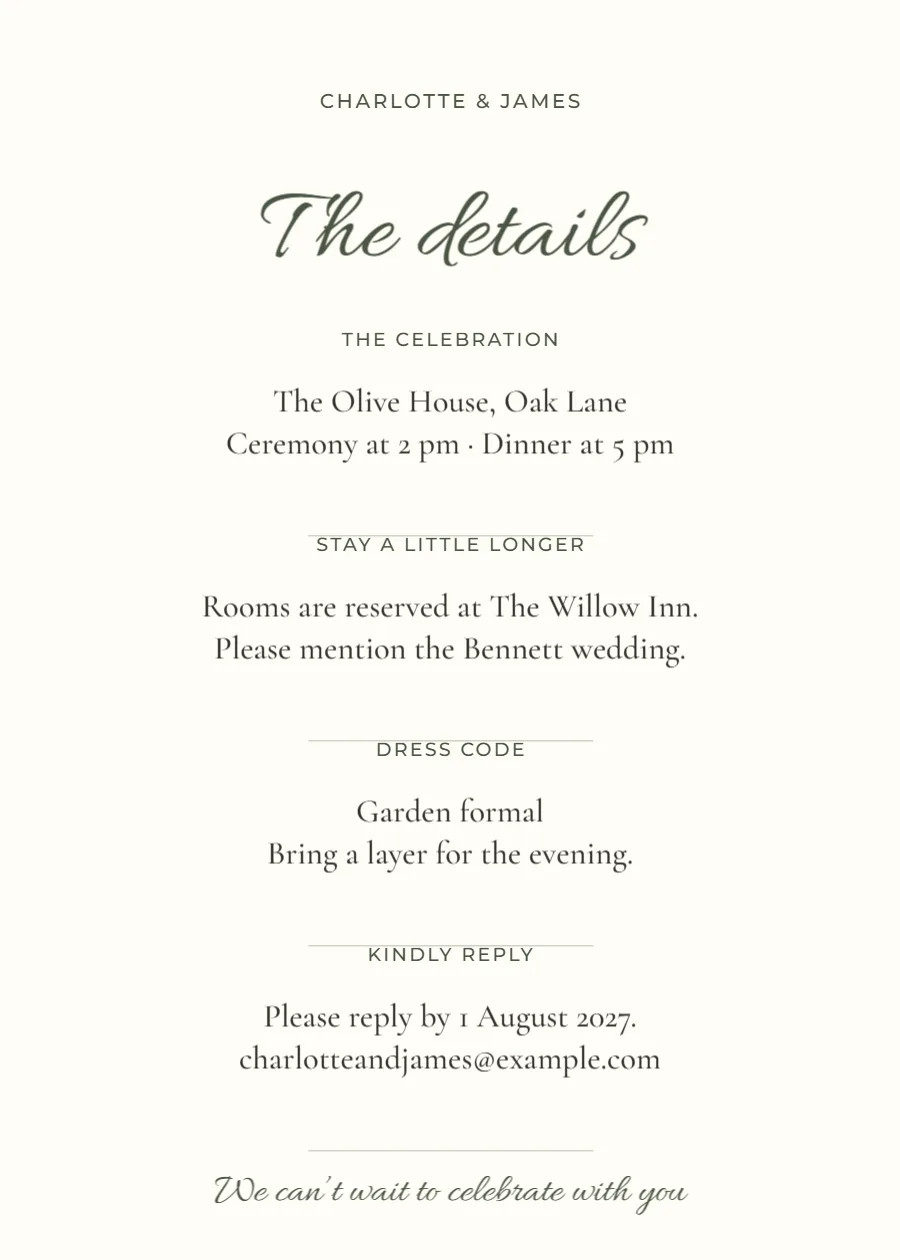 The wedding weekend – details card: printable design preview